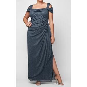Alex Evenings Mesh Evening Gown 18W Glam Shimmer Ruching Elegant‎ Holiday Event